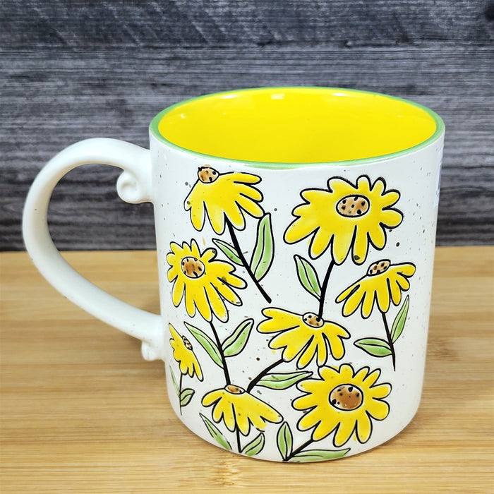 Antinio Floral Coffee Mug Summer Yellow flowers Tea Cup 21oz Embossed Blue Sky