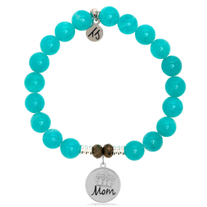 Aqua Amazonite Stone Bracelet with Mom Crown Sterling Silver Charm