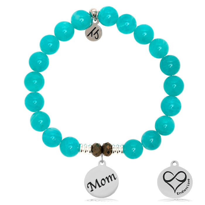 Aqua Amazonite Stone Bracelet with Mom Sterling Silver Charm