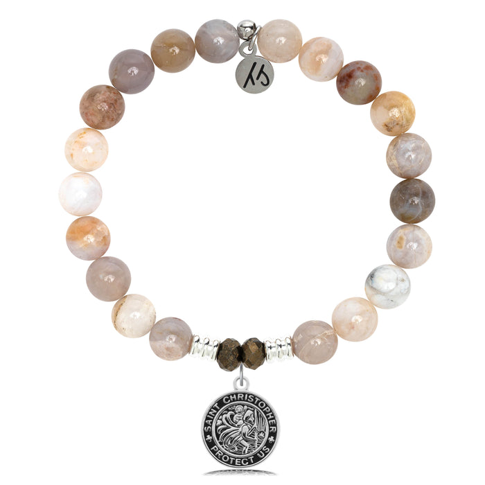 Australian Agate Stone Bracelet with Saint Christopher Sterling Silver Charm