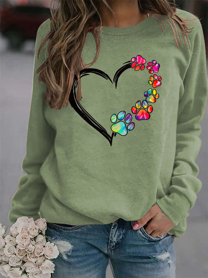 Autumn and Winter Ladies Tops Heart Dog footprint Print Sweatshirt