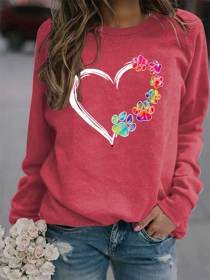 Autumn and Winter Ladies Tops Heart Dog footprint Print Sweatshirt