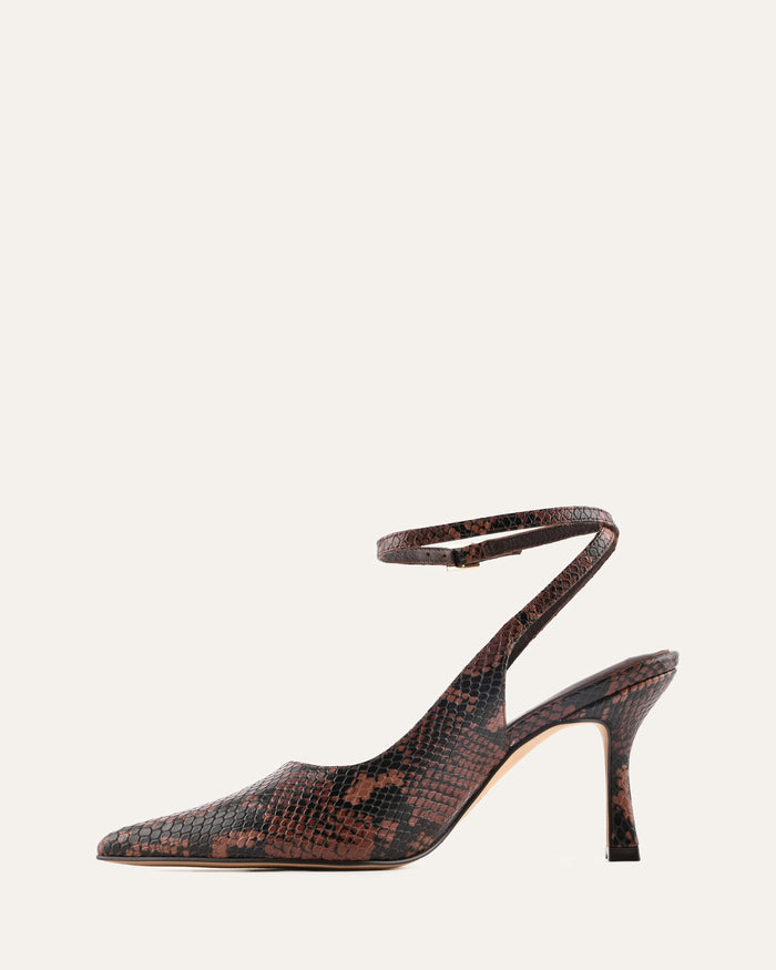 Brown snake print slingback heel on a light gray background