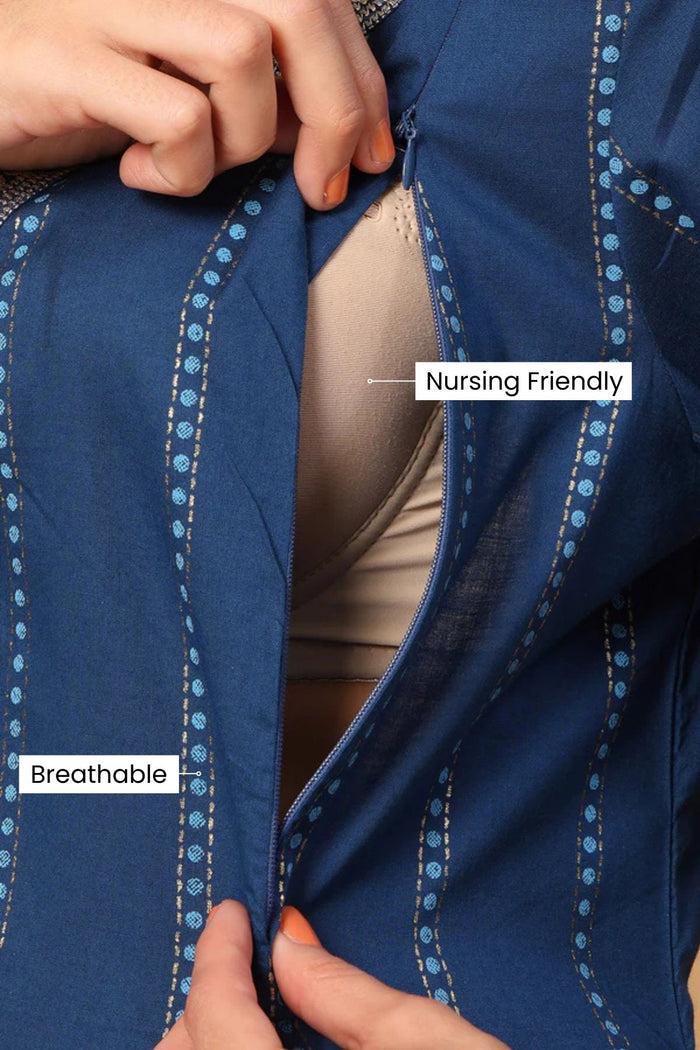Full-length shot of model wearing the Azure Blue Essence Suit Set. Emphasizes the comfortable Flattering A-Line.