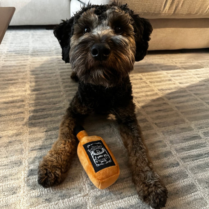 Dog with a yellow Bad Dog Jack plush toy featuring Bad Dog Jack's Whiskey.