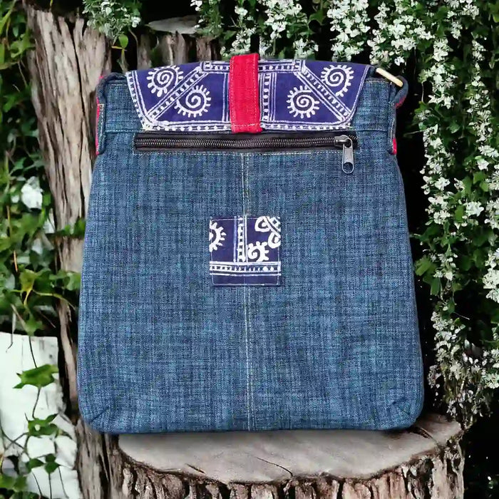 Vindigo crossbody bag denim embroidered with red trim back view