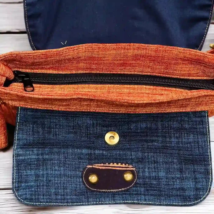 Vindigo crossbody bag orange embroidered denim variant pocket detail