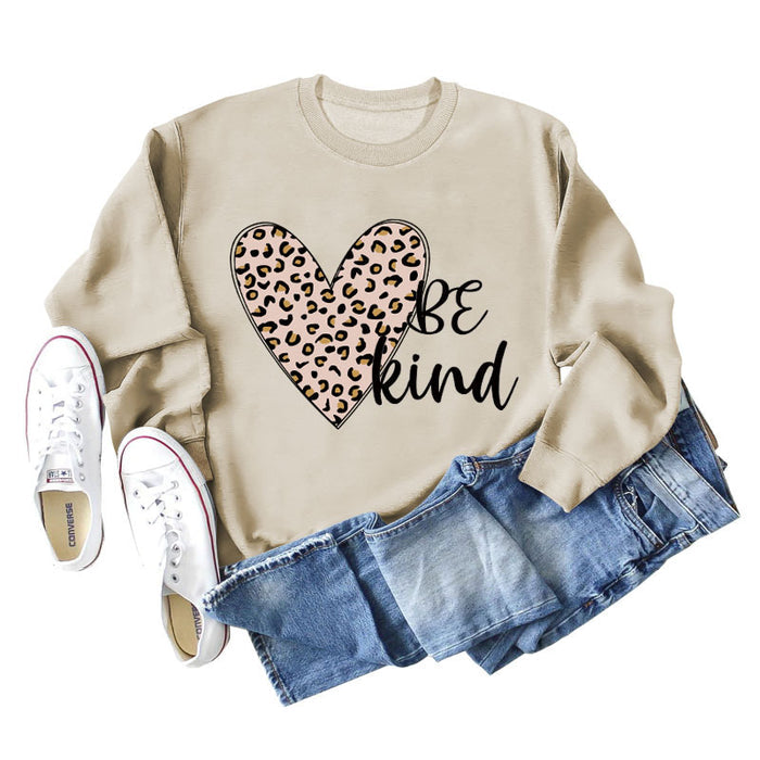 Be Kind Leopard Print Crewneck Print Bottomed Long Sleeve Sweatshirt Woman