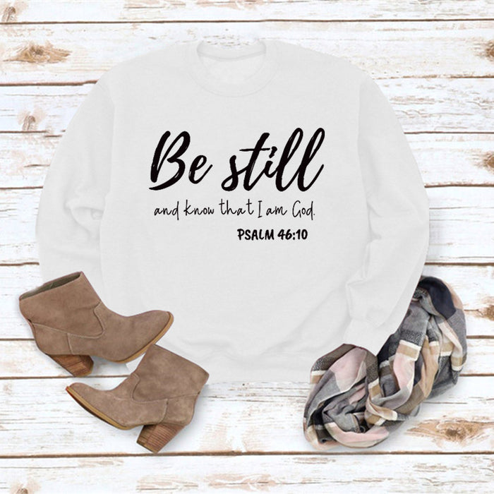 Be Still and Know Letter Print Round Neck Loose Long Sleeve Top Plus Size Pullover Fashion Sweater Girl