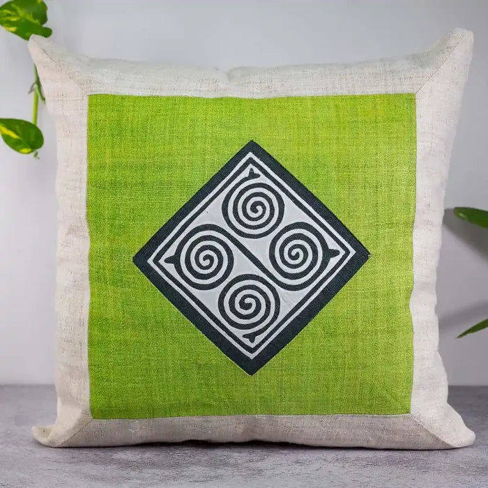 Vindigo green hemp cushion cover front view with white trim
