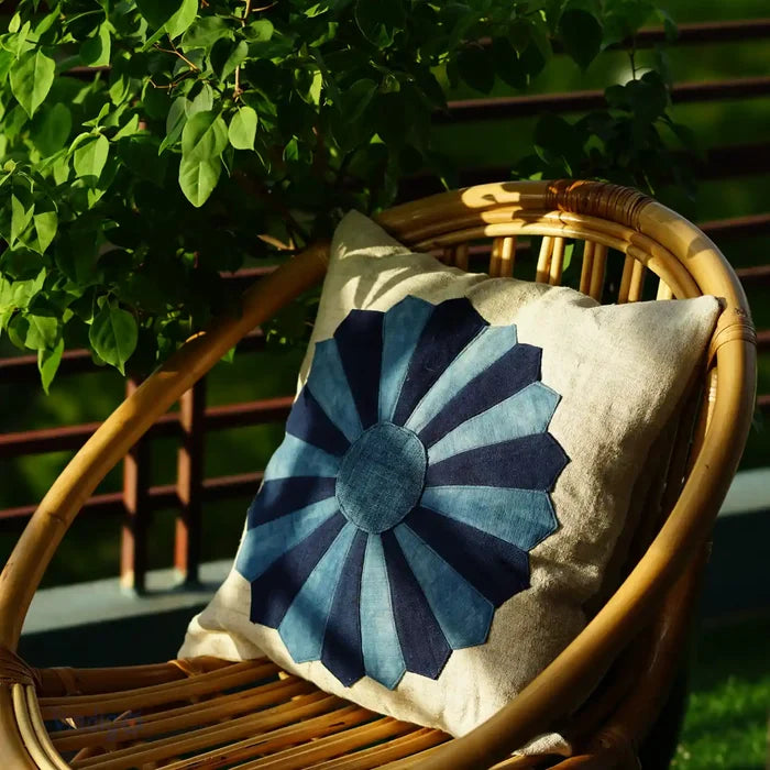 Dresden flower cushion on white background, front view