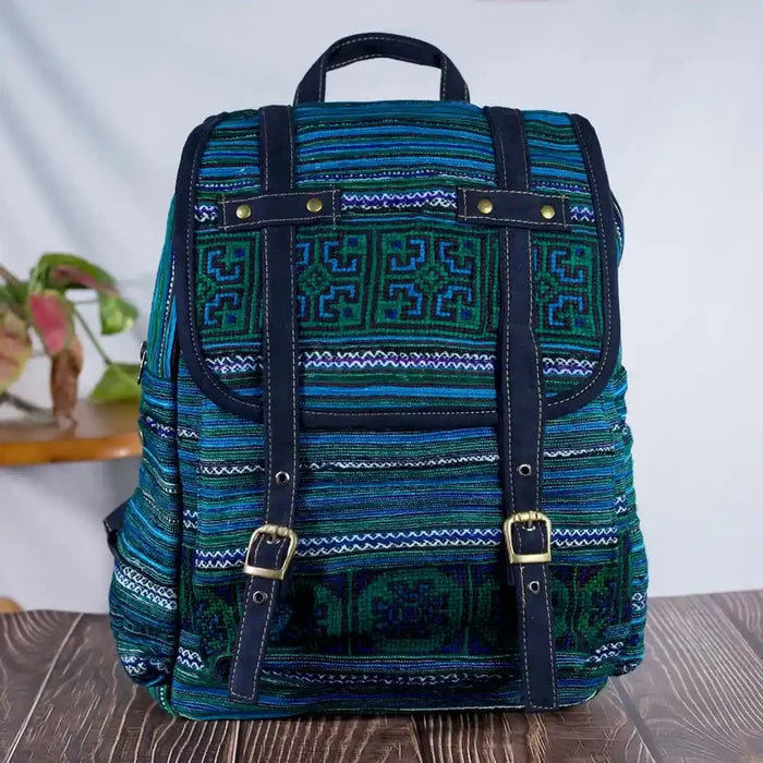 Vindigo blue embroidered cotton backpack front view