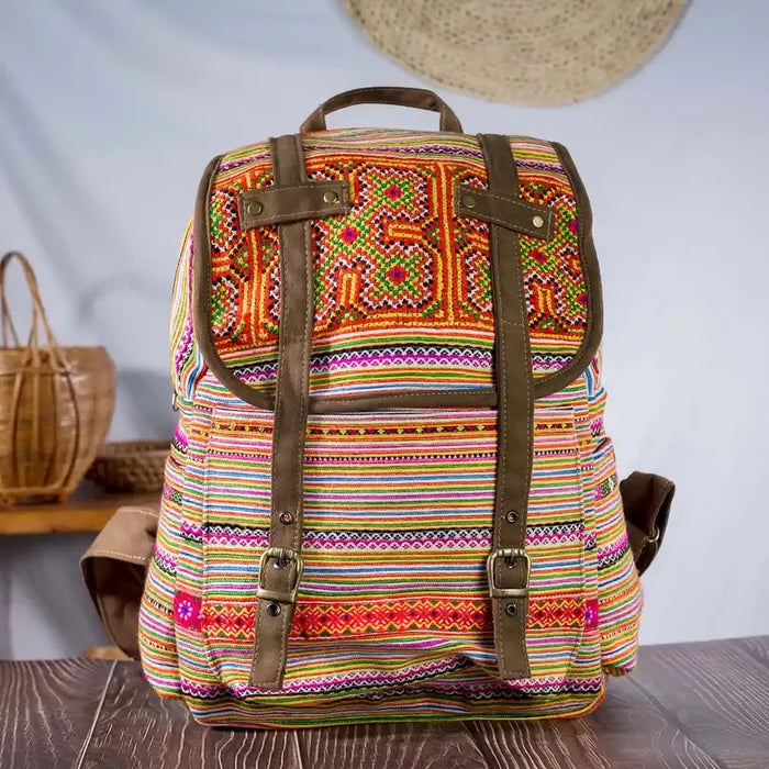 Vindigo orange embroidered cotton backpack front view