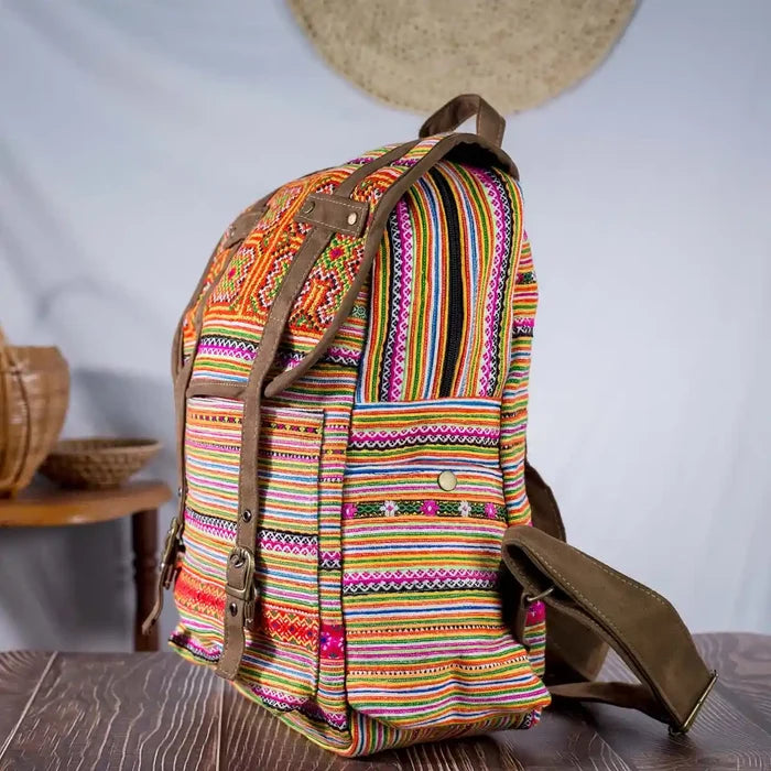 Vindigo orange embroidered cotton backpack side view