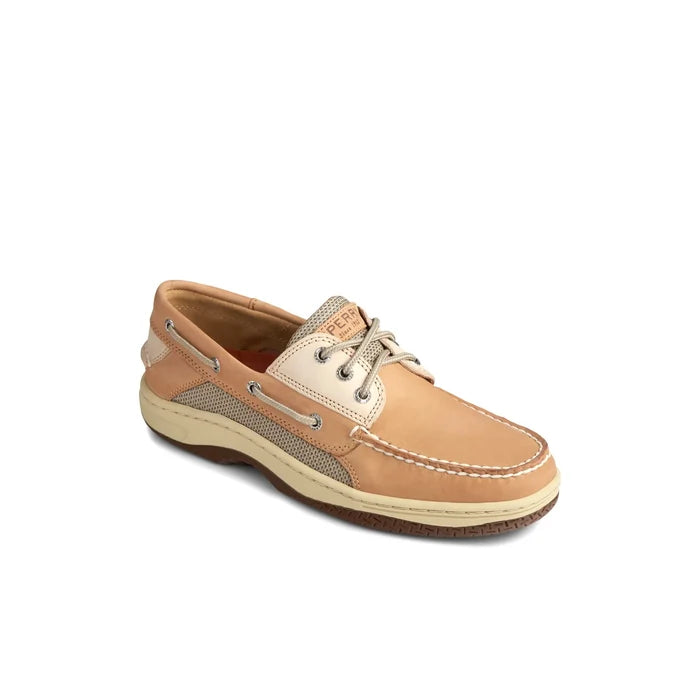 Tan leather boat shoe on a white background
