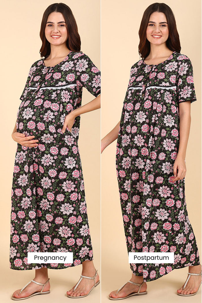 Maternity Black Floral Printed 100% Soft Cotton Zipless Maternity Maxi