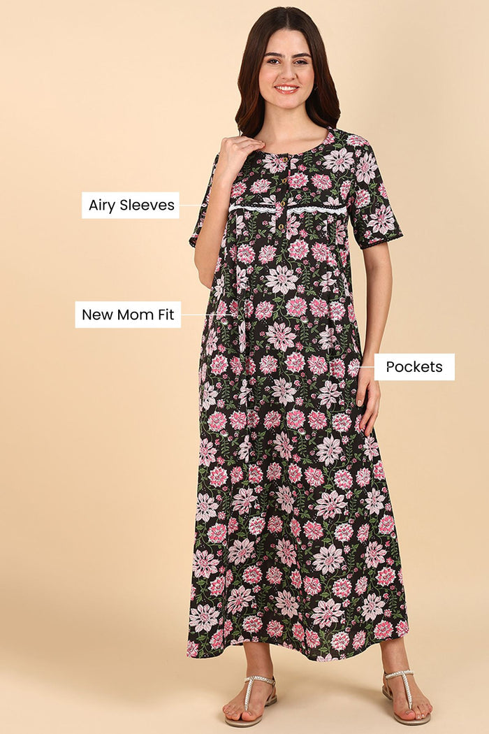 Pregnancy Black Floral Printed 100% Soft Cotton Zipless Maternity Maxi