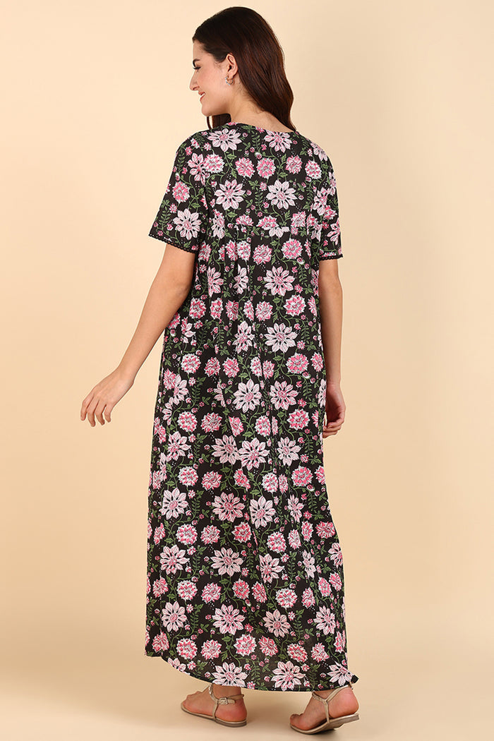 Black Floral Printed 100% Soft Cotton Zipless Maternity Maxi for Pregnancy