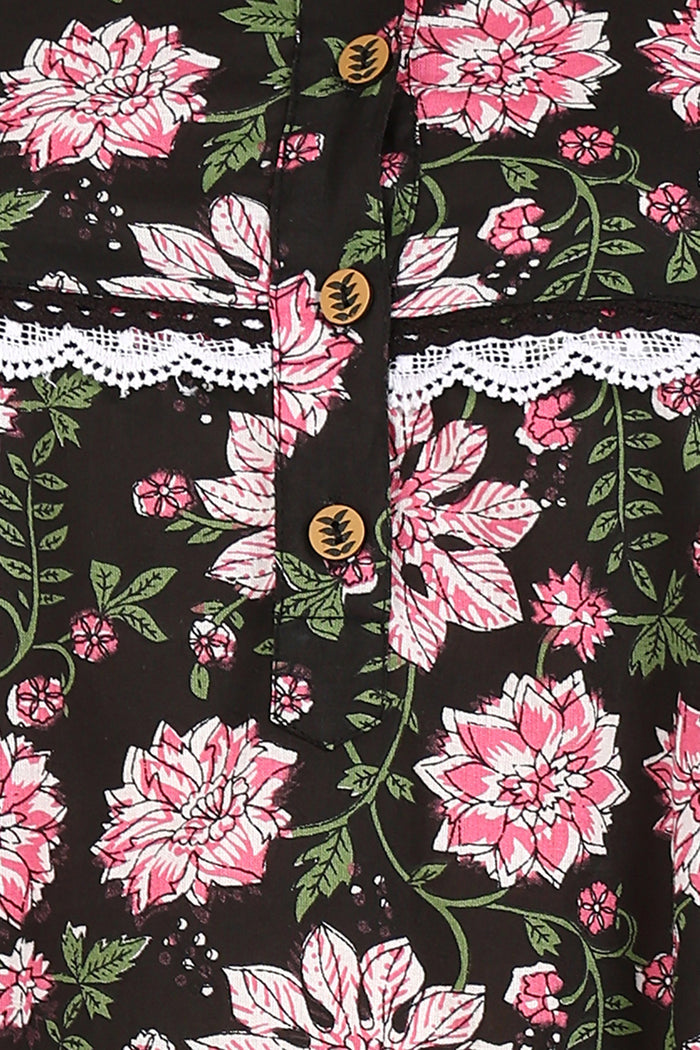 Maternity Pregnancy Black Floral Printed 100% Soft Cotton Zipless Maternity Maxi