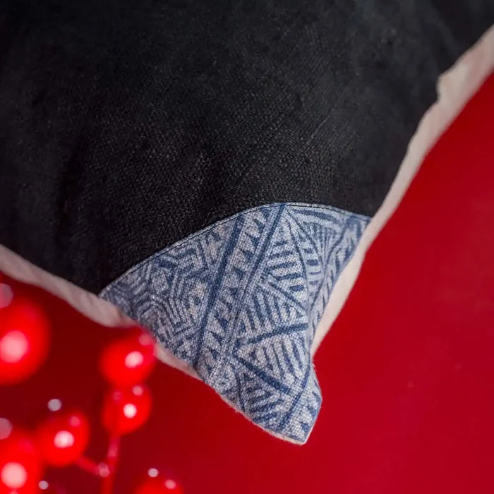 Vindigo cushion cover black embroidered spiral corner fabric detail