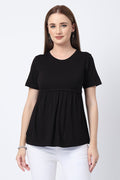 Black Maternity Zipless Feeding Gathered Top in black made with soft Viscose fabric.
