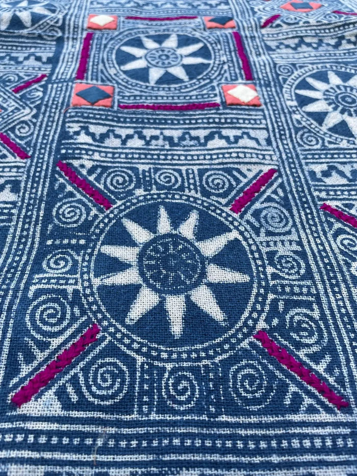 Block print batik with embroidery and appliqué on cotton in Sun pattern