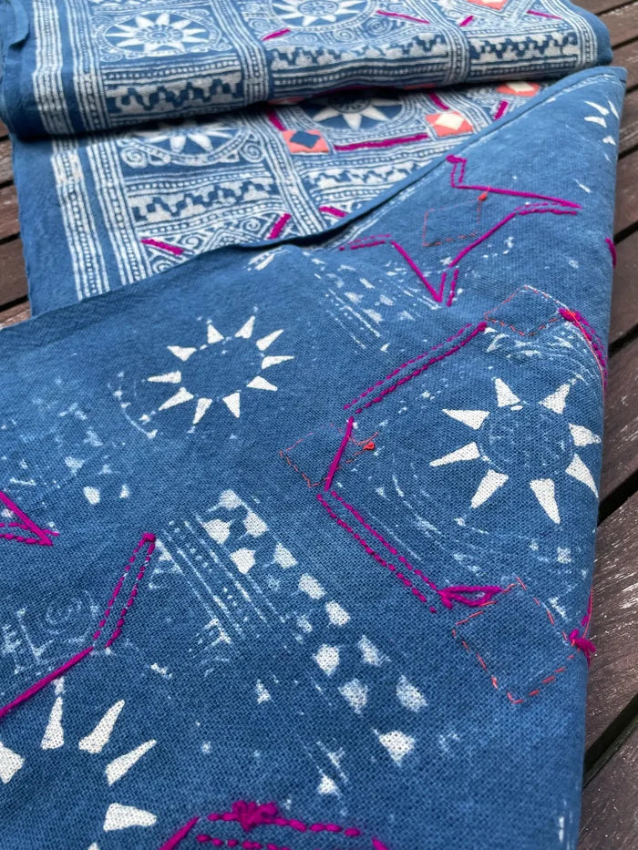 Block print batik with embroidery and appliqué on cotton in Sun pattern