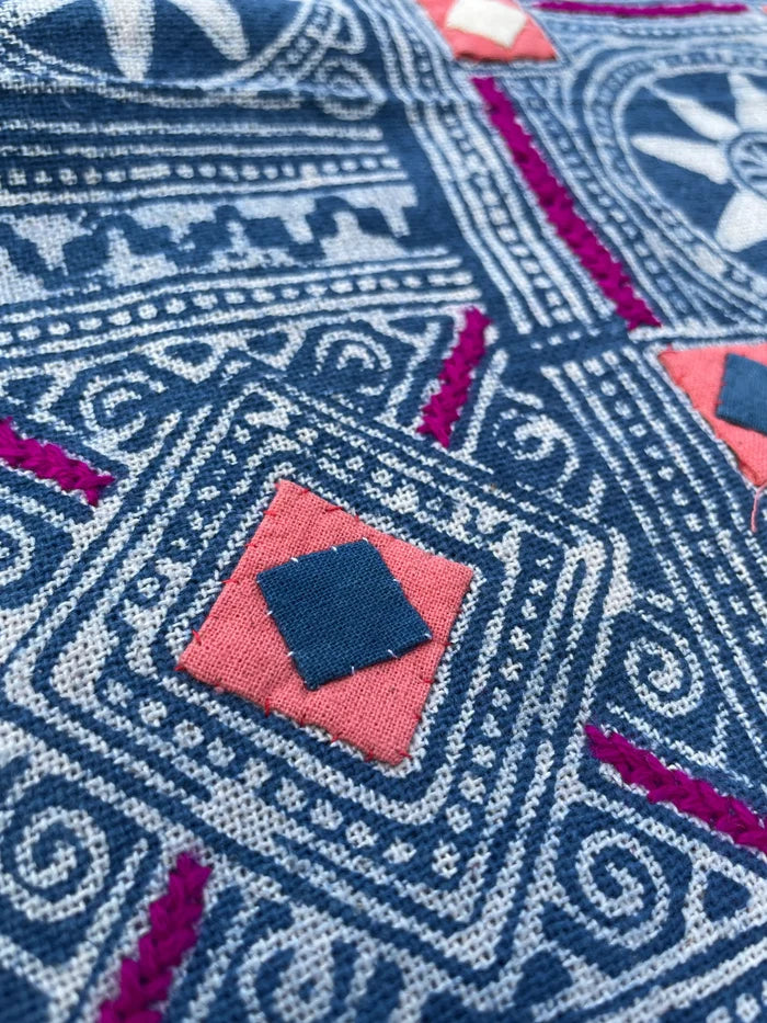Block print batik with embroidery and appliqué on cotton in Sun pattern