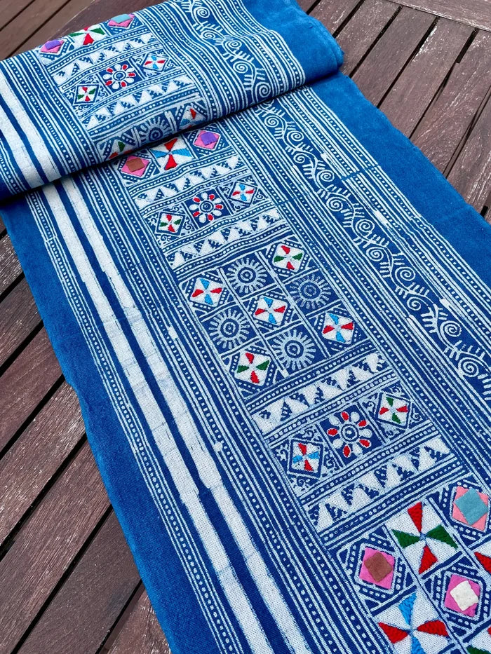 Block print batik with embroidery and appliqué on cotton