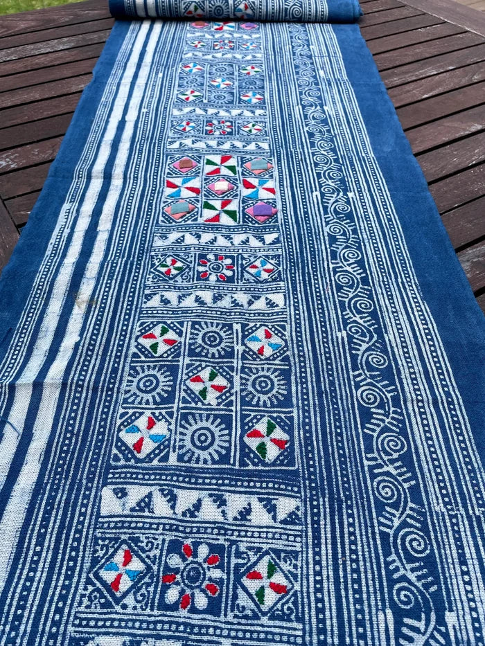 Block print batik with embroidery and appliqué on cotton