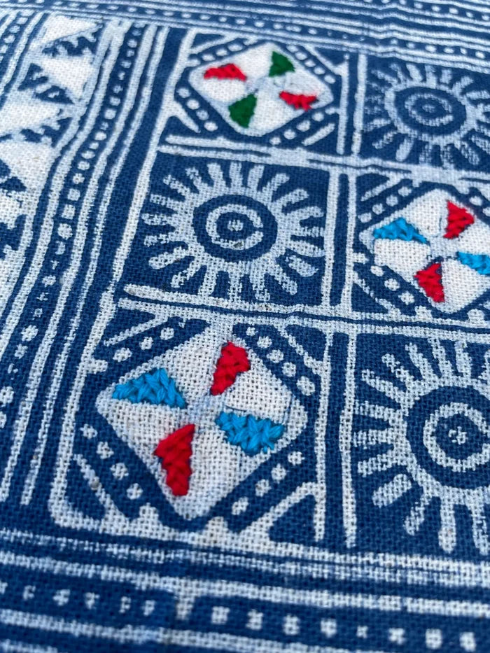 Block print batik with embroidery and appliqué on cotton