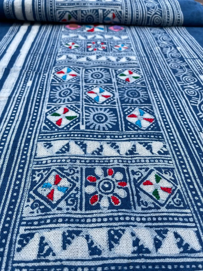 Block print batik with embroidery and appliqué on cotton