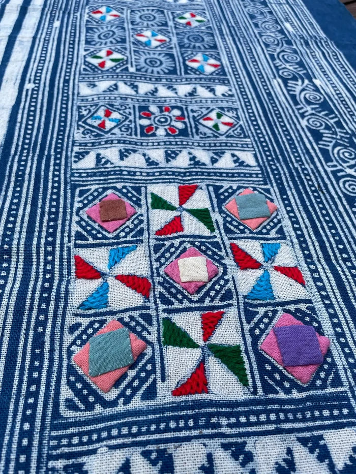 Block print batik with embroidery and appliqué on cotton