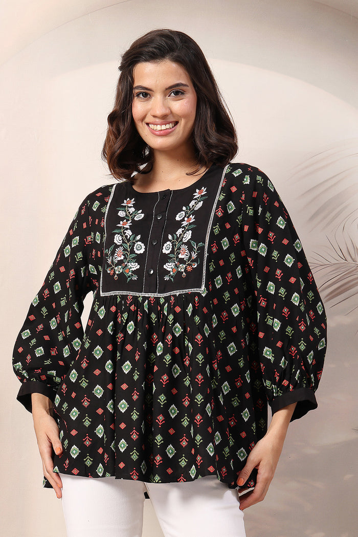 Bloom and Ease Zipless Top; print offers style and comfort for daily wear.