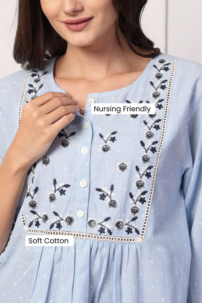 Model wearing Blossom Blue Dobby Top; garment provides coverage and fit for a changing body.