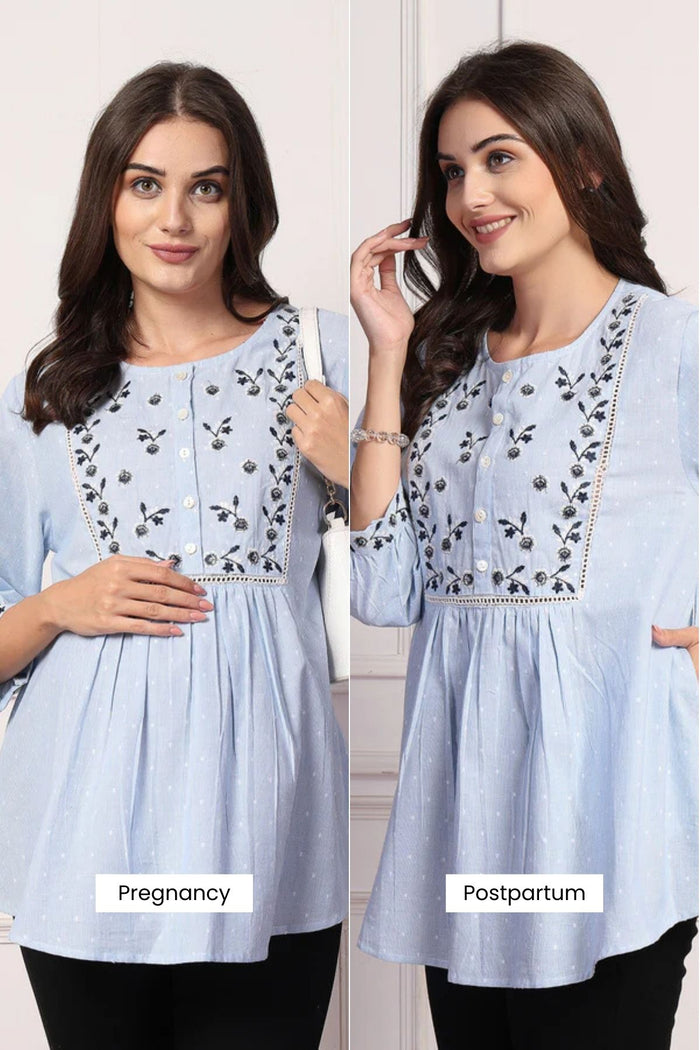 Model wearing Dobby Maternity Top; generous fit is suitable for wear during pregnancy.
