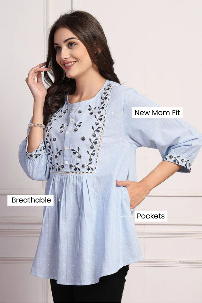 Blossom Blue Feeding Top; zipless access ensures simple and quick nursing.