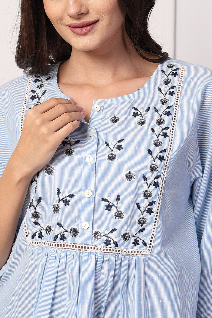 Blossom Blue Dobby fabric; material texture adds style and breathable comfort.