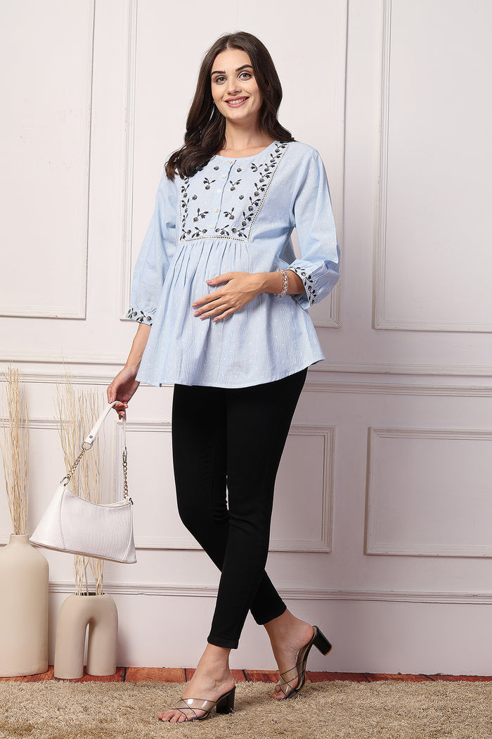 Blossom Blue Top sleeves; sleeves offer coverage and a relaxed fit.