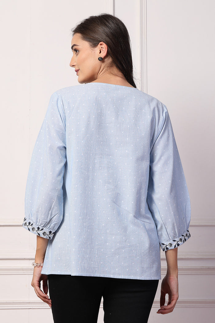 Blossom Blue Dobby neckline; simple neckline is comfortable for all day wear.