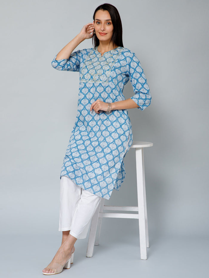 Close-up of the long-sleeve kurti on the Blue and White Embroidery & Sequins Kurti Kurti.