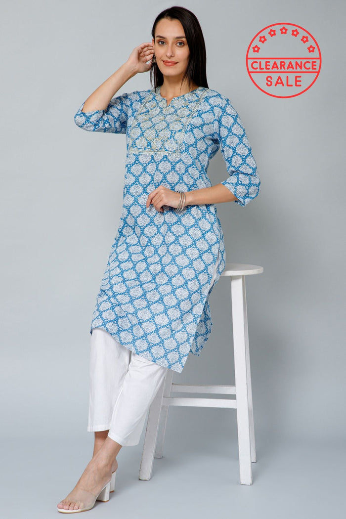 The Cotton Blue and White Embroidery & Sequins Kurti Kurti featuring discreet nursing zips for new mothers.