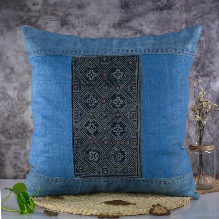 Blue Indigo Motif H’mong – Boho Hemp Cushion Cover