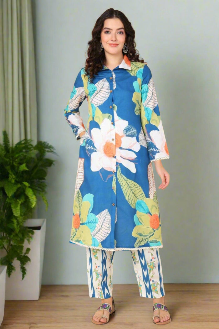 Blue Maternity Kurti Pant Set with Zipless Feeding & Pocket - House Of Zelena™