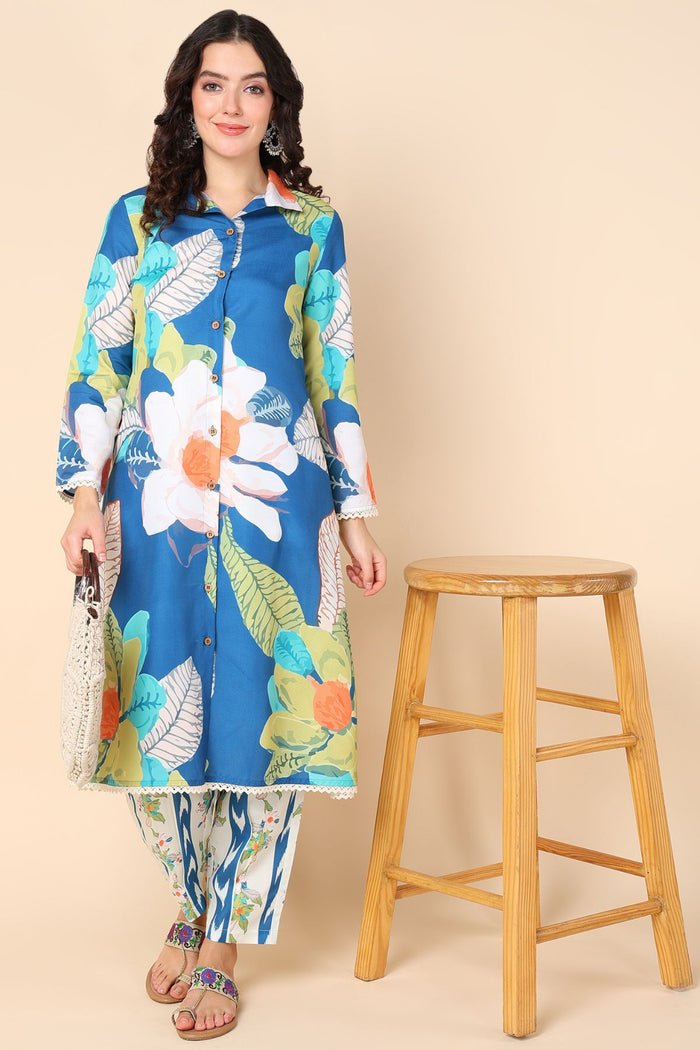 Blue Maternity Kurti Pant Set with Zipless Feeding & Pocket - House Of Zelena™