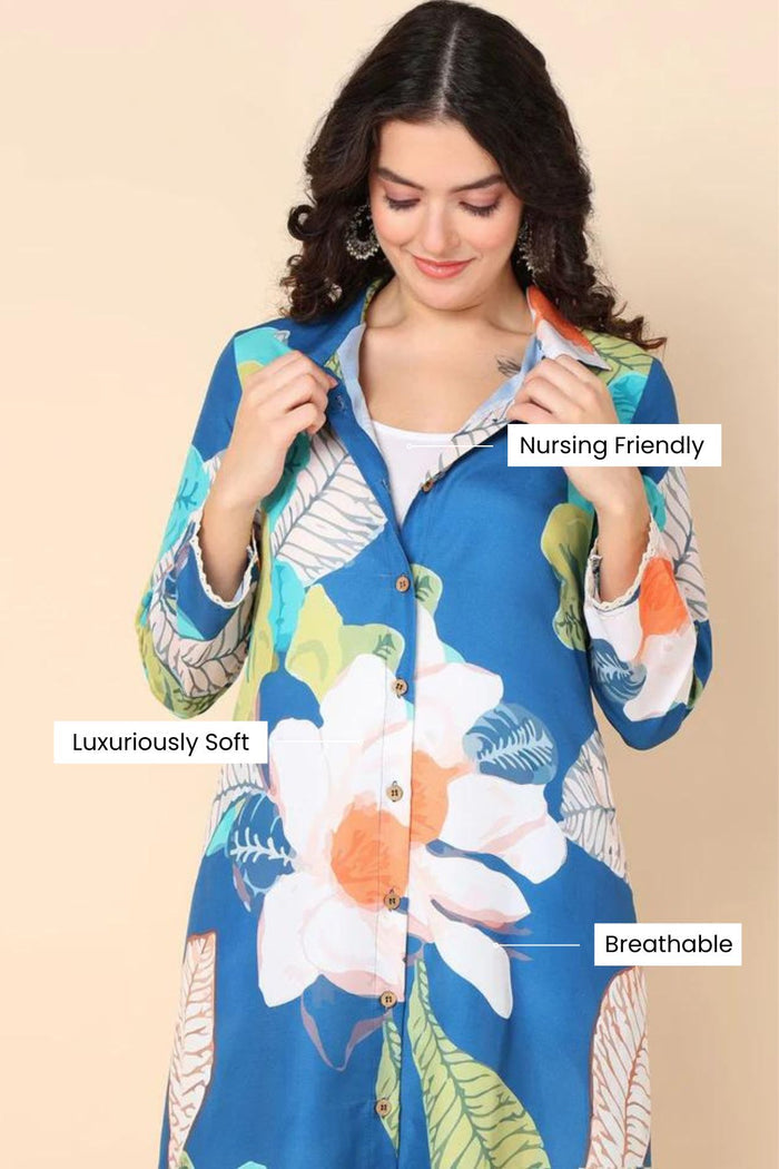 Blue Maternity Kurti Pant Set with Zipless Feeding & Pocket - House Of Zelena™