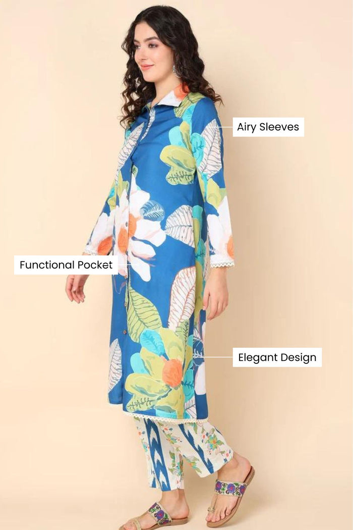 Blue Maternity Kurti Pant Set with Zipless Feeding & Pocket - House Of Zelena™