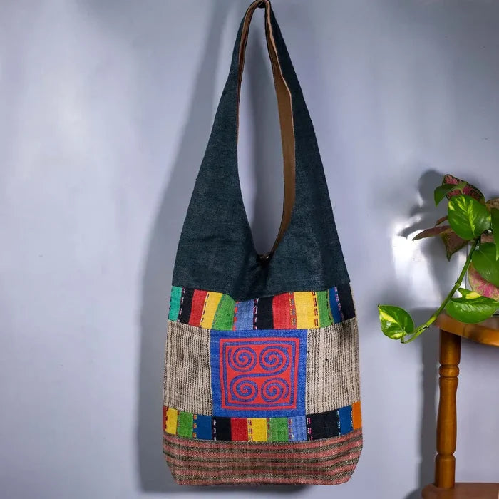 Vindigo shoulder bag teal hemp blue spiral embroidery full front view