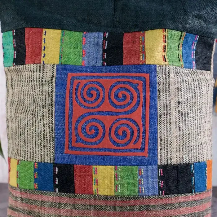 Vindigo shoulder bag teal hemp blue spiral embroidery full front view