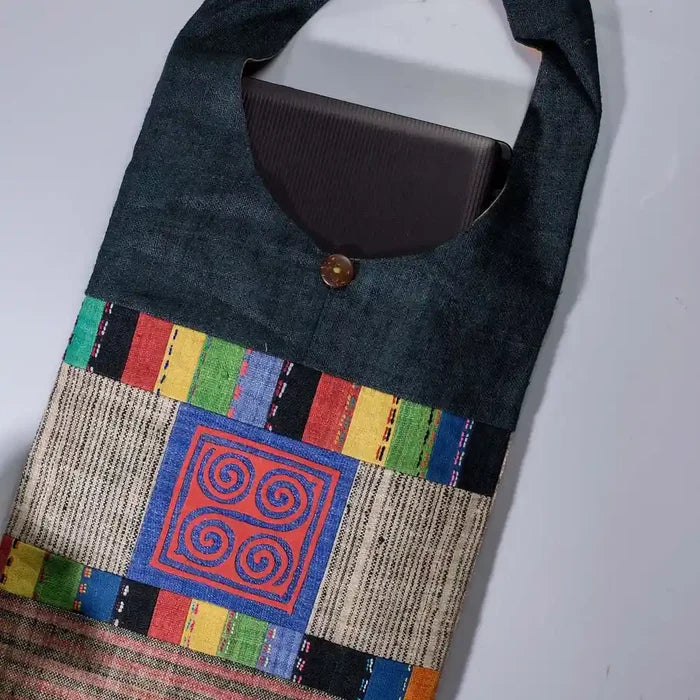 Vindigo shoulder bag teal hemp blue spiral embroidery front angle